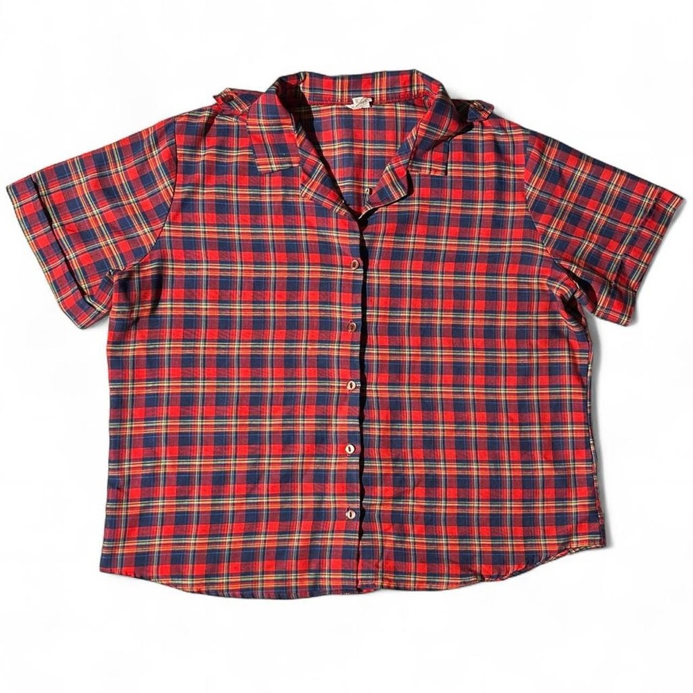 VTG 80s Shirley of Atlanta Red Tartan Plaid Boxy Utility Blouse Epaulet USA L/XL
